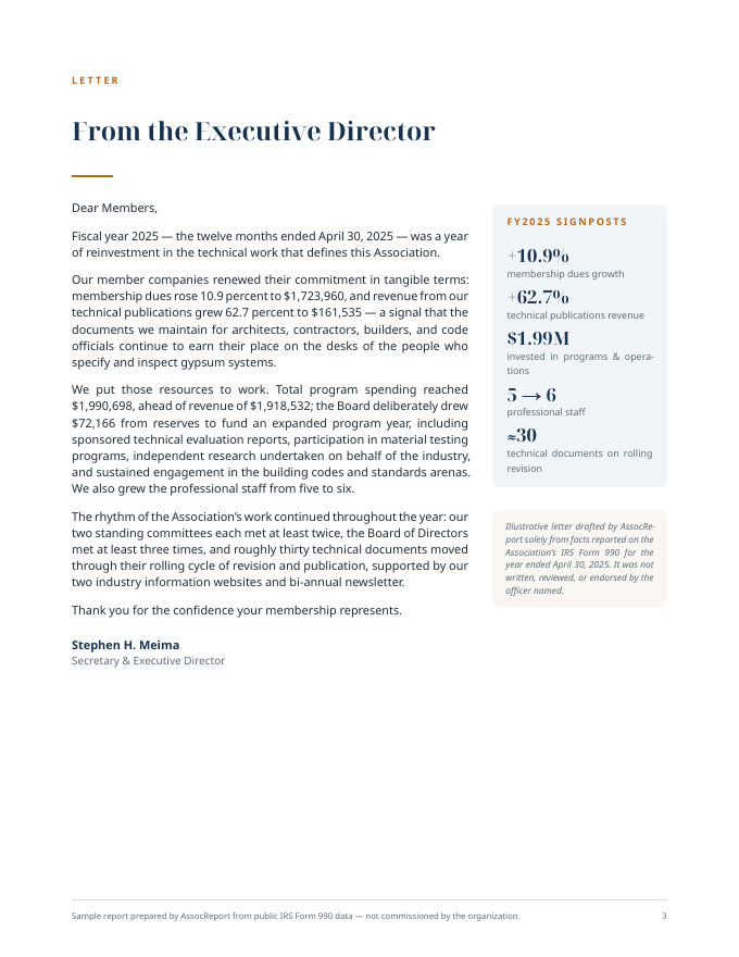 Sample annual report inside page — financial summary charts